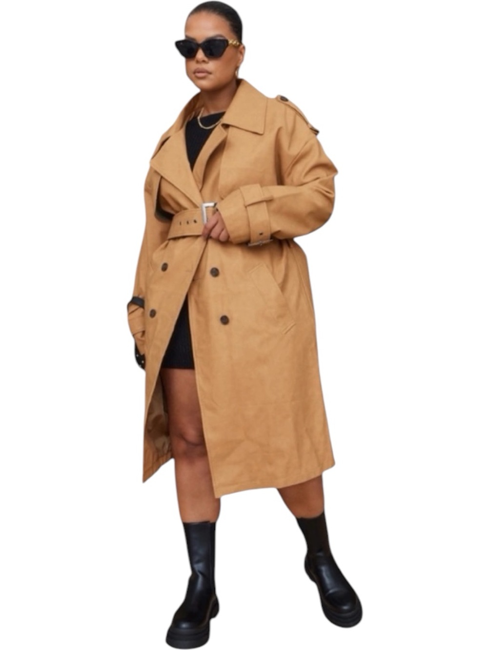 Pretty Little Thing Plus Faux Leather Statement Buckle Trench Coat Tan Size 18